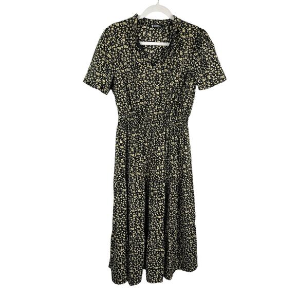 BTFBM Bohemian Black & Yellow Floral Smocked Waist Tiered Maxi Dress Size Medium - Picture 8 of 9